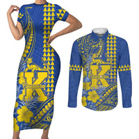 Personalised Hawaii Kaiser High School Couples Matching Short Sleeve Bodycon Dress and Long Sleeve Button Shirt Tribal Tattoo With Hibiscus Flowers LT05 Blue - Polynesian Pride