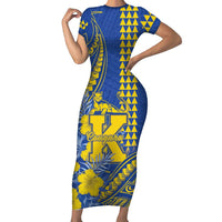 Personalised Hawaii Kaiser High School Short Sleeve Bodycon Dress Tribal Tattoo With Hibiscus Flowers LT05 Long Dress Blue - Polynesian Pride