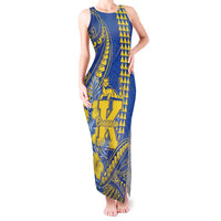 Personalised Hawaii Kaiser High School Tank Maxi Dress Tribal Tattoo With Hibiscus Flowers LT05 Women Blue - Polynesian Pride