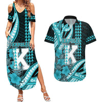 Personalised Hawaii Kapolei High School Couples Matching Summer Maxi Dress and Hawaiian Shirt Tribal Tattoo With Hibiscus Flowers LT05 Dark Teal - Polynesian Pride