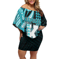 Personalised Hawaii Kapolei High School Family Matching Off Shoulder Short Dress and Hawaiian Shirt Tribal Tattoo With Hibiscus Flowers LT05 Mom's Dress Dark Teal - Polynesian Pride