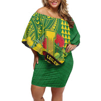 Personalised Hawaii Leilehua High School Off Shoulder Short Dress Tribal Tattoo With Hibiscus Flowers LT05 Women Green - Polynesian Pride