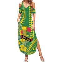 Personalised Hawaii Leilehua High School Summer Maxi Dress Tribal Tattoo With Hibiscus Flowers LT05 Women Green - Polynesian Pride
