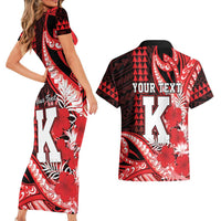 Personalised Hawaii Kalani High School Couples Matching Short Sleeve Bodycon Dress and Hawaiian Shirt Tribal Tattoo With Hibiscus Flowers LT05 - Polynesian Pride