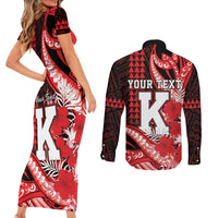 Personalised Hawaii Kalani High School Couples Matching Short Sleeve Bodycon Dress and Long Sleeve Button Shirt Tribal Tattoo With Hibiscus Flowers LT05 - Polynesian Pride