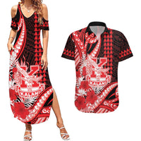 Personalised Hawaii Kalani High School Couples Matching Summer Maxi Dress and Hawaiian Shirt Tribal Tattoo With Hibiscus Flowers LT05 Red - Polynesian Pride