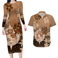 Tonga Emancipation Day Couples Matching Long Sleeve Bodycon Dress and Hawaiian Shirt Tongan Kupesi Ngatu Pattern Vintage Style LT05 Brown - Polynesian Pride