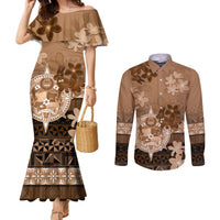 Tonga Emancipation Day Couples Matching Mermaid Dress and Long Sleeve Button Shirt Tongan Kupesi Ngatu Pattern Vintage Style LT05 Brown - Polynesian Pride