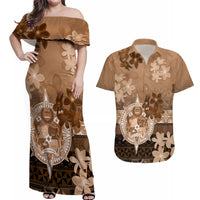 Tonga Emancipation Day Couples Matching Off Shoulder Maxi Dress and Hawaiian Shirt Tongan Kupesi Ngatu Pattern Vintage Style LT05 Brown - Polynesian Pride