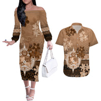 Tonga Emancipation Day Couples Matching Off The Shoulder Long Sleeve Dress and Hawaiian Shirt Tongan Kupesi Ngatu Pattern Vintage Style LT05 Brown - Polynesian Pride