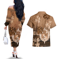 Tonga Emancipation Day Couples Matching Off The Shoulder Long Sleeve Dress and Hawaiian Shirt Tongan Kupesi Ngatu Pattern Vintage Style LT05 - Polynesian Pride
