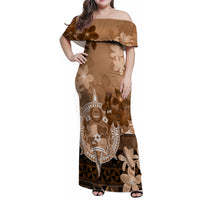 Tonga Emancipation Day Family Matching Off Shoulder Maxi Dress and Hawaiian Shirt Tongan Kupesi Ngatu Pattern Vintage Style LT05 Mom's Dress Brown - Polynesian Pride