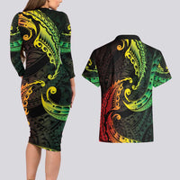 AAPI Heritage Month Couples Matching Long Sleeve Bodycon Dress and Hawaiian Shirt Kanaka Maoli Polynesian Tribal Wave LT05 - Polynesian Pride
