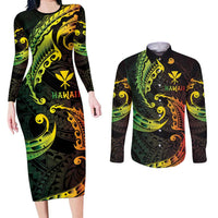 AAPI Heritage Month Couples Matching Long Sleeve Bodycon Dress and Long Sleeve Button Shirt Kanaka Maoli Polynesian Tribal Wave LT05 Reggae - Polynesian Pride