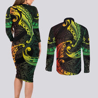 AAPI Heritage Month Couples Matching Long Sleeve Bodycon Dress and Long Sleeve Button Shirt Kanaka Maoli Polynesian Tribal Wave LT05 - Polynesian Pride