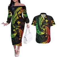 AAPI Heritage Month Couples Matching Off The Shoulder Long Sleeve Dress and Hawaiian Shirt Kanaka Maoli Polynesian Tribal Wave LT05 Reggae - Polynesian Pride