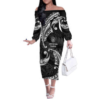 AAPI Heritage Month Family Matching Off The Shoulder Long Sleeve Dress and Hawaiian Shirt American Samoa Polynesian Tribal Wave LT05 Mom's Dress Black - Polynesian Pride
