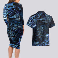 Aotearoa New Zealand Octopus Couples Matching Long Sleeve Bodycon Dress and Hawaiian Shirt Silver Fern Maori Pattern LT05 - Polynesian Pride