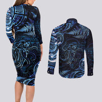 Aotearoa New Zealand Octopus Couples Matching Long Sleeve Bodycon Dress and Long Sleeve Button Shirt Silver Fern Maori Pattern LT05 - Polynesian Pride