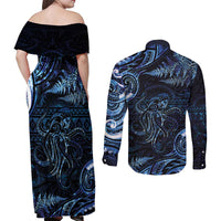 Aotearoa New Zealand Octopus Couples Matching Off Shoulder Maxi Dress and Long Sleeve Button Shirt Silver Fern Maori Pattern LT05 - Polynesian Pride
