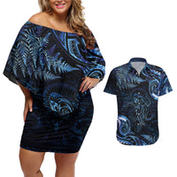 Aotearoa New Zealand Octopus Couples Matching Off Shoulder Short Dress and Hawaiian Shirt Silver Fern Maori Pattern LT05 Blue - Polynesian Pride