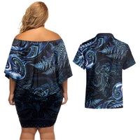 Aotearoa New Zealand Octopus Couples Matching Off Shoulder Short Dress and Hawaiian Shirt Silver Fern Maori Pattern LT05 - Polynesian Pride