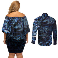 Aotearoa New Zealand Octopus Couples Matching Off Shoulder Short Dress and Long Sleeve Button Shirt Silver Fern Maori Pattern LT05 - Polynesian Pride