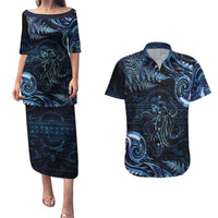 Aotearoa New Zealand Octopus Couples Matching Puletasi and Hawaiian Shirt Silver Fern Maori Pattern LT05 Blue - Polynesian Pride