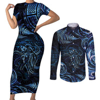 Aotearoa New Zealand Octopus Couples Matching Short Sleeve Bodycon Dress and Long Sleeve Button Shirt Silver Fern Maori Pattern LT05 Blue - Polynesian Pride