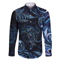 Aotearoa New Zealand Octopus Family Matching Puletasi and Hawaiian Shirt Silver Fern Maori Pattern LT05 Dad's Shirt - Long Sleeve Blue - Polynesian Pride