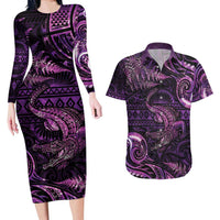 Aotearoa New Zealand Crocodile Couples Matching Long Sleeve Bodycon Dress and Hawaiian Shirt Silver Fern Maori Pattern LT05 Purple - Polynesian Pride