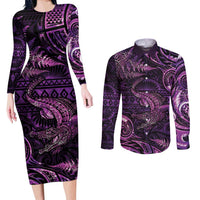 Aotearoa New Zealand Crocodile Couples Matching Long Sleeve Bodycon Dress and Long Sleeve Button Shirt Silver Fern Maori Pattern LT05 Purple - Polynesian Pride