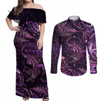 Aotearoa New Zealand Crocodile Couples Matching Off Shoulder Maxi Dress and Long Sleeve Button Shirt Silver Fern Maori Pattern LT05 Purple - Polynesian Pride