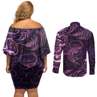Aotearoa New Zealand Crocodile Couples Matching Off Shoulder Short Dress and Long Sleeve Button Shirt Silver Fern Maori Pattern LT05 - Polynesian Pride