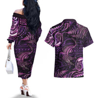 Aotearoa New Zealand Crocodile Couples Matching Off The Shoulder Long Sleeve Dress and Hawaiian Shirt Silver Fern Maori Pattern LT05 - Polynesian Pride