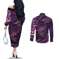 Aotearoa New Zealand Crocodile Couples Matching Off The Shoulder Long Sleeve Dress and Long Sleeve Button Shirt Silver Fern Maori Pattern LT05 - Polynesian Pride