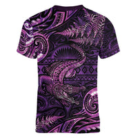 Aotearoa New Zealand Crocodile Women V-Neck T-Shirt Silver Fern Maori Pattern LT05 - Polynesian Pride