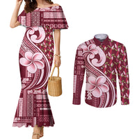 Samoa Teuila Couples Matching Mermaid Dress and Long Sleeve Button Shirt Maroon Samoan Siapo Motifs
