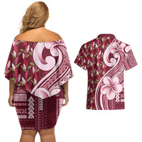 Samoa Teuila Couples Matching Off Shoulder Short Dress and Hawaiian Shirt Maroon Samoan Siapo Motifs