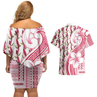 Samoa Teuila Couples Matching Off Shoulder Short Dress and Hawaiian Shirt White Samoan Siapo Motifs