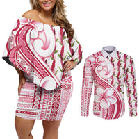 Samoa Teuila Couples Matching Off Shoulder Short Dress and Long Sleeve Button Shirt White Samoan Siapo Motifs
