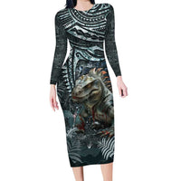 Hawaii Mo'o Lizard God Family Matching Long Sleeve Bodycon Dress and Hawaiian Shirt Polynesian Style LT05 Mom's Dress Green - Polynesian Pride