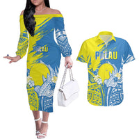 Palau Independence Day Couples Matching Off The Shoulder Long Sleeve Dress and Hawaiian Shirt Happy 30th Anniversary LT05 Blue - Polynesian Pride