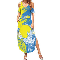 Palau Independence Day Family Matching Summer Maxi Dress and Hawaiian Shirt Happy 30th Anniversary LT05 Mom's Dress Blue - Polynesian Pride