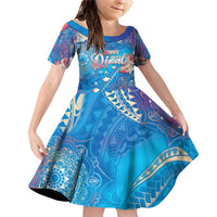 Happy Diwali Festival Family Matching Off Shoulder Short Dress and Hawaiian Shirt Diya Lamp Rangoli With Polynesian Pattern LT05 Daughter's Dress Blue - Polynesian Pride