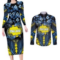Personalised Palau Couples Matching Long Sleeve Bodycon Dress and Long Sleeve Button Shirt Polynesian Dolphin Tropical Hibiscus Style LT05 Black - Polynesian Pride