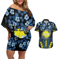 Personalised Palau Couples Matching Off Shoulder Short Dress and Hawaiian Shirt Polynesian Dolphin Tropical Hibiscus Style LT05 Black - Polynesian Pride