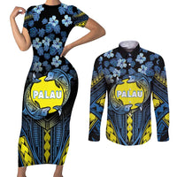 Personalised Palau Couples Matching Short Sleeve Bodycon Dress and Long Sleeve Button Shirt Polynesian Dolphin Tropical Hibiscus Style LT05 Black - Polynesian Pride