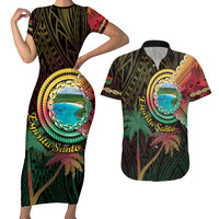 Vanuatu Espiritu Santo Island Couples Matching Short Sleeve Bodycon Dress and Hawaiian Shirt Beach Landscape LT05 Black - Polynesian Pride