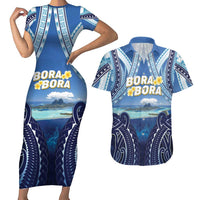 Personalised French Polynesia Bora Bora Couples Matching Short Sleeve Bodycon Dress and Hawaiian Shirt Beach Landscape Polynesian Style LT05 Blue - Polynesian Pride